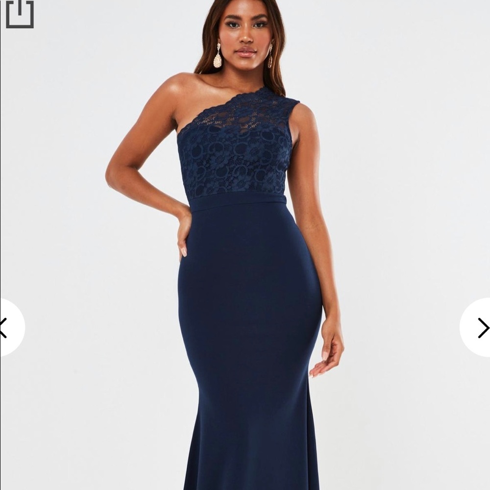 Navy Lace One Shoulder Maxi Dress